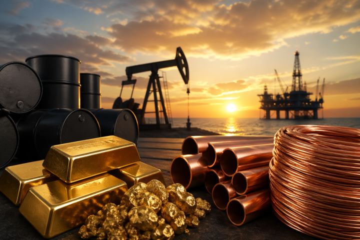 Photorealistic still life of gold bars, copper pipes and coiled copper wire beside oil barrels, with a pumpjack and offshore drilling platform silhouetted against a sunset sky.