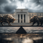 Bull and bear figurines balanced on a seesaw before a central bank building under storm clouds.