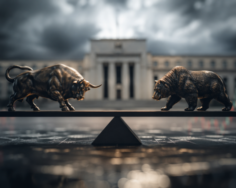 Bull and bear figurines balanced on a seesaw before a central bank building under storm clouds.