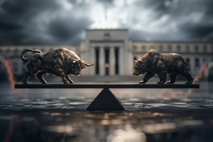 Bull and bear figurines balanced on a seesaw before a central bank building under storm clouds.