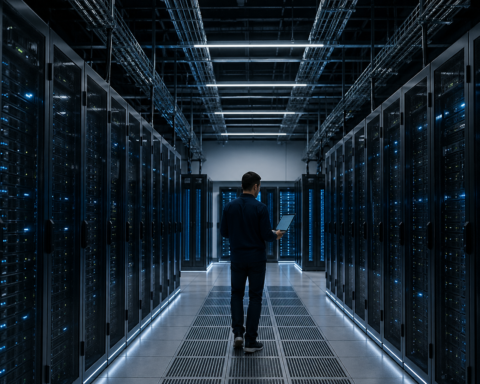 Technician inspecting server racks inside a modern data center.