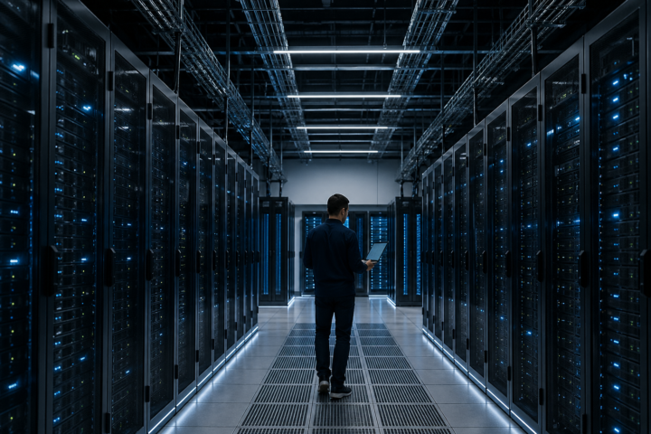 Technician inspecting server racks inside a modern data center.