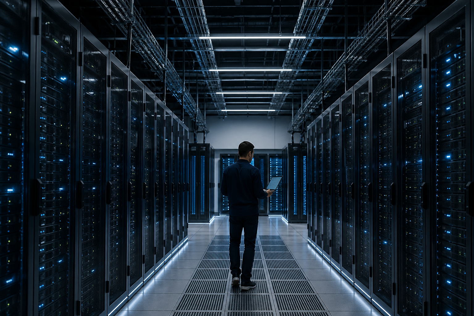 Technician inspecting server racks inside a modern data center.