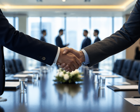 Business executives shaking hands across a conference table.