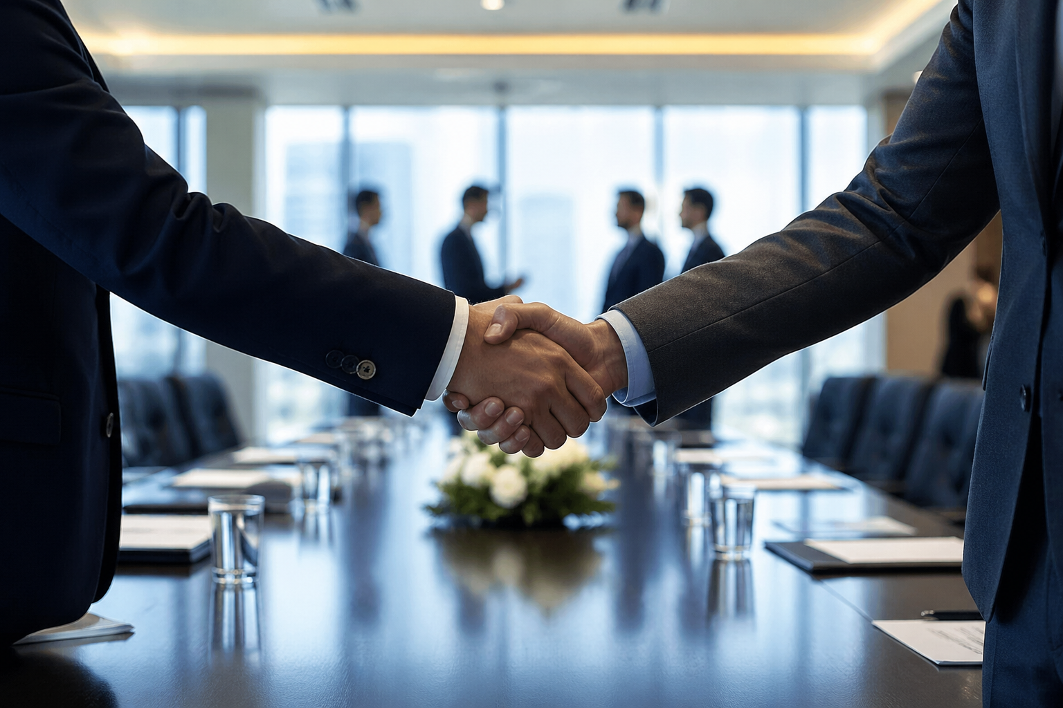 Business executives shaking hands across a conference table.