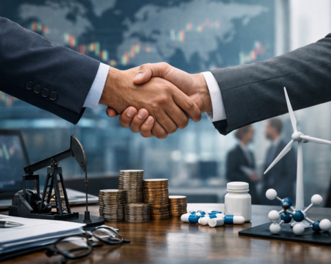 Two business executives shake hands across a conference table with coins, energy and healthcare models, and blurred market graphics in the background, symbolizing renewed mergers and acquisitions activity.