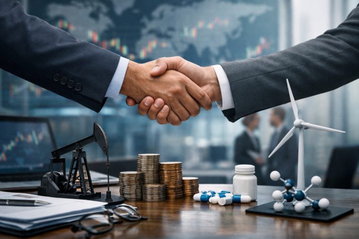 Two business executives shake hands across a conference table with coins, energy and healthcare models, and blurred market graphics in the background, symbolizing renewed mergers and acquisitions activity.