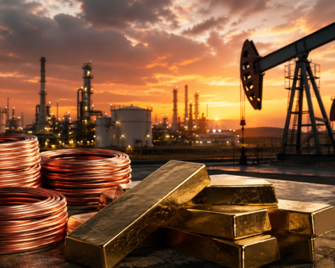 Gold bars and copper coils sit in front of an oil refinery and pumpjack at sunset, symbolizing pressure across global commodity markets.