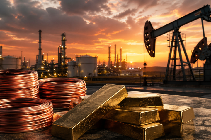 Gold bars and copper coils sit in front of an oil refinery and pumpjack at sunset, symbolizing pressure across global commodity markets.
