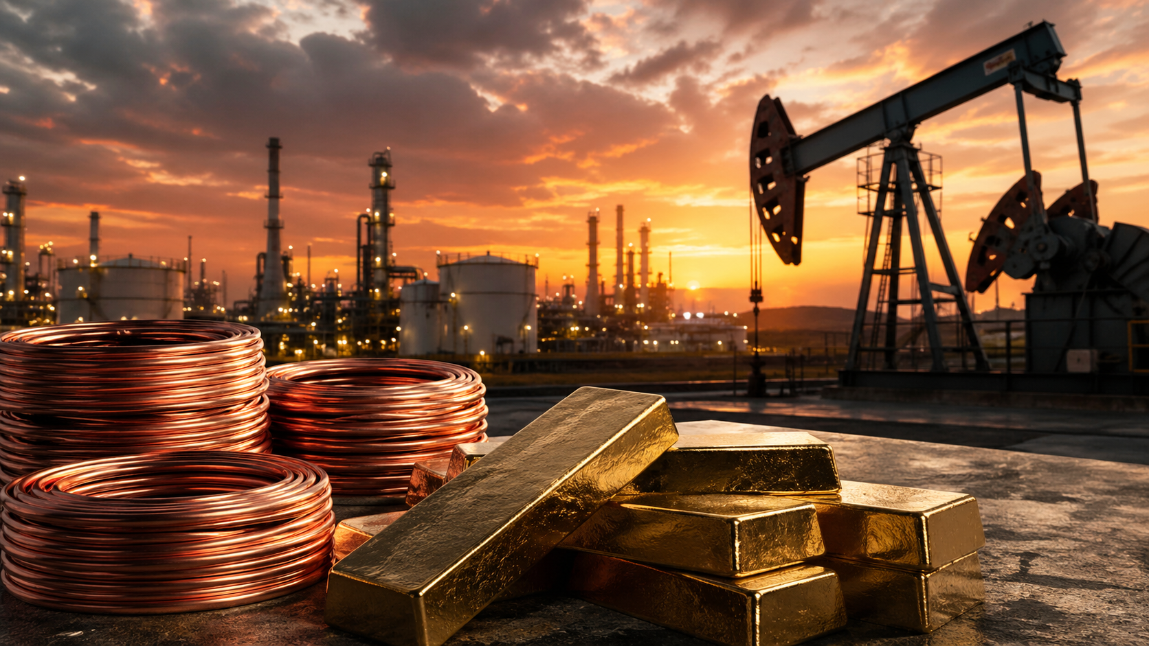 Gold bars and copper coils sit in front of an oil refinery and pumpjack at sunset, symbolizing pressure across global commodity markets.