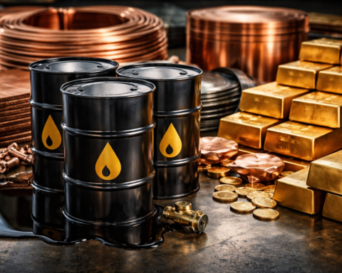 Photorealistic still life of black oil barrels, stacked gold bars, and coiled copper in an industrial setting, symbolizing energy and metals markets.