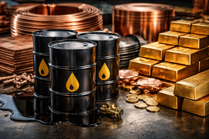 Photorealistic still life of black oil barrels, stacked gold bars, and coiled copper in an industrial setting, symbolizing energy and metals markets.