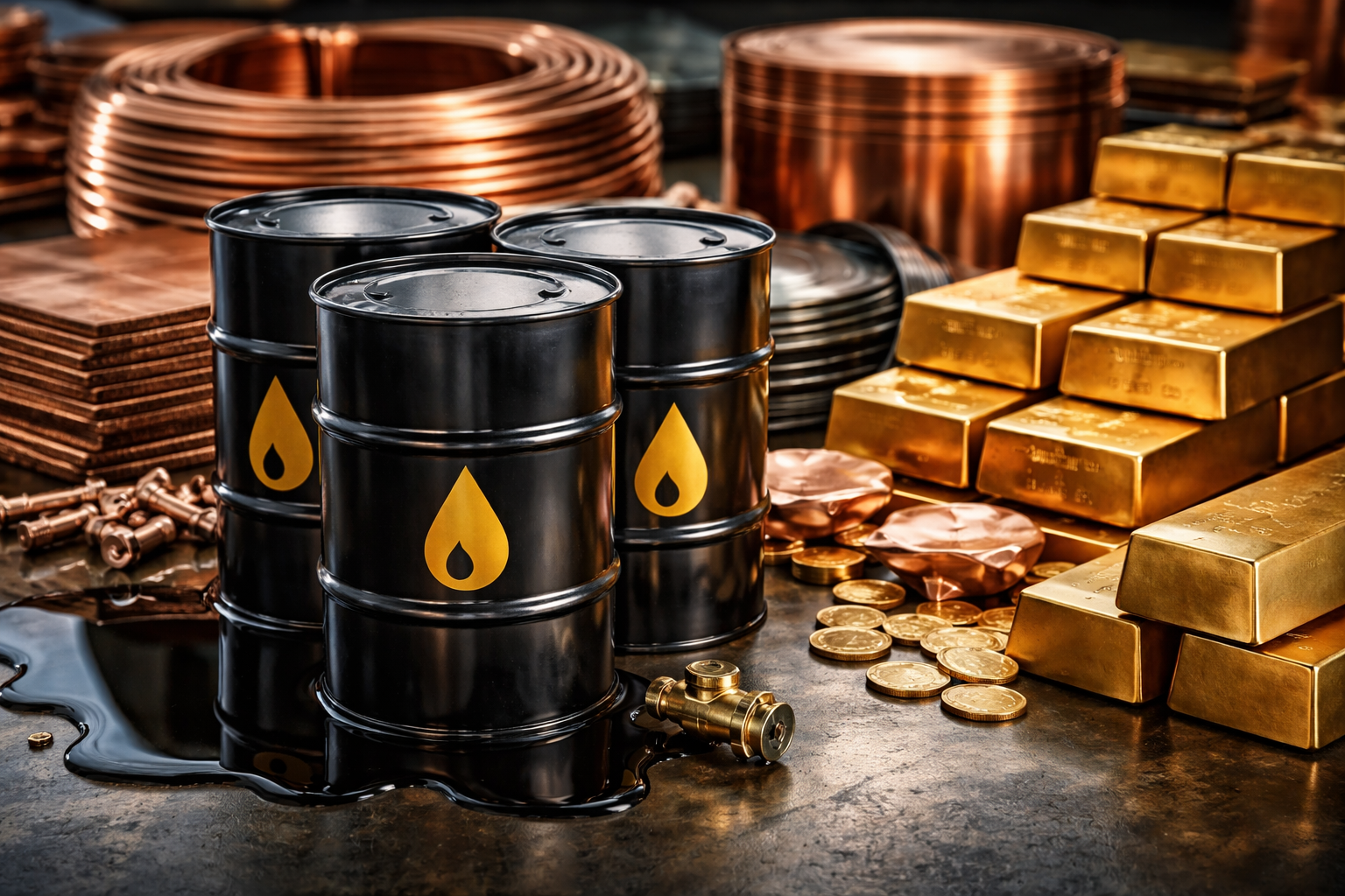 Photorealistic still life of black oil barrels, stacked gold bars, and coiled copper in an industrial setting, symbolizing energy and metals markets.