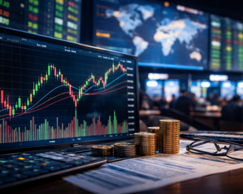A photorealistic trading desk scene with a market chart on a large monitor, stacks of coins, documents, and a blurred financial newsroom in the background.