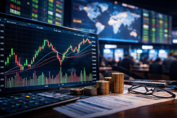 A photorealistic trading desk scene with a market chart on a large monitor, stacks of coins, documents, and a blurred financial newsroom in the background.