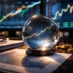 A glass crystal ball sits on financial papers in front of blurred trading screens, reflecting rising market charts and symbolizing investors betting on an uncertain economic outlook.