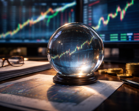 A glass crystal ball sits on financial papers in front of blurred trading screens, reflecting rising market charts and symbolizing investors betting on an uncertain economic outlook.