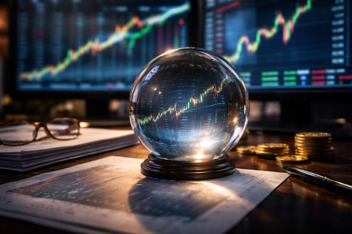 A glass crystal ball sits on financial papers in front of blurred trading screens, reflecting rising market charts and symbolizing investors betting on an uncertain economic outlook.