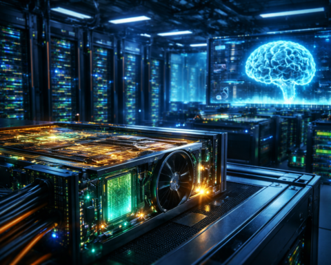 Photorealistic view inside a modern data center, with a high-performance AI server in the foreground and illuminated racks extending into the background.