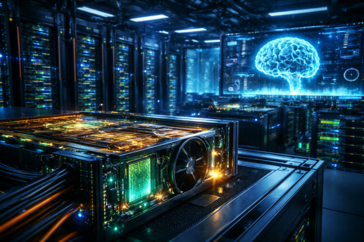Photorealistic view inside a modern data center, with a high-performance AI server in the foreground and illuminated racks extending into the background.