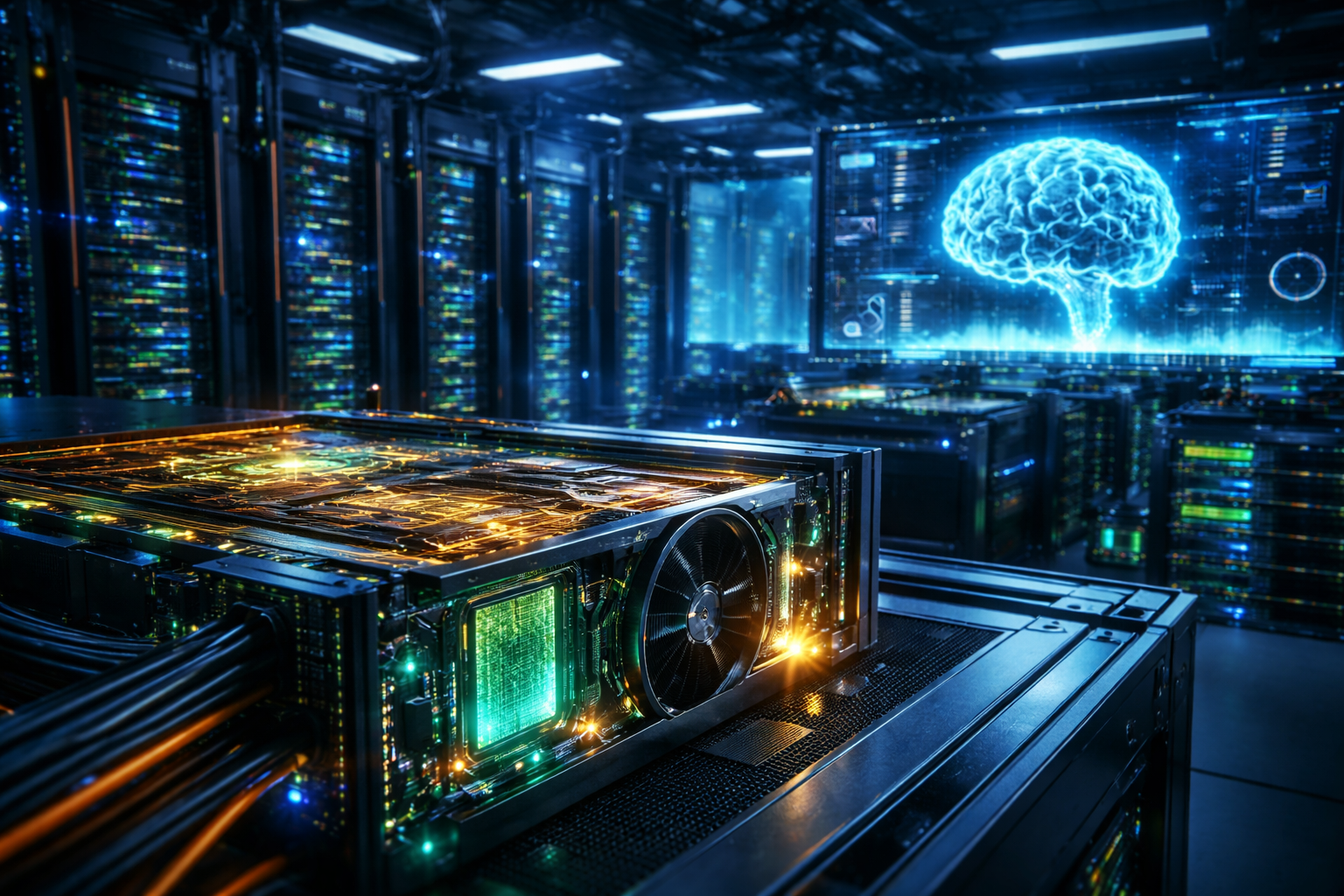 Photorealistic view inside a modern data center, with a high-performance AI server in the foreground and illuminated racks extending into the background.
