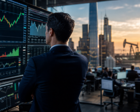 Business professional watching rising market charts on trading screens with a city skyline and distant oil pumpjack at sunset.