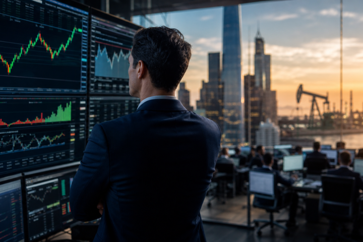 Business professional watching rising market charts on trading screens with a city skyline and distant oil pumpjack at sunset.