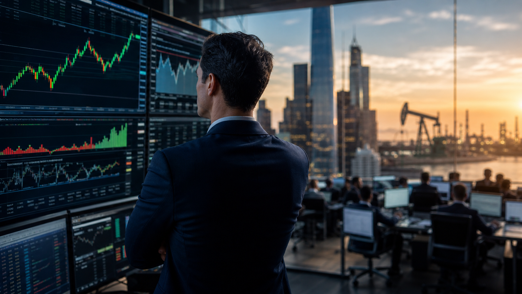 Business professional watching rising market charts on trading screens with a city skyline and distant oil pumpjack at sunset.