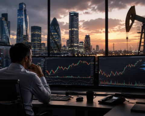 Trader watches market charts in a financial office as an oil pumpjack stands outside near a city skyline at sunset.