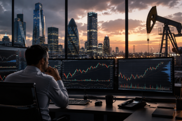 Trader watches market charts in a financial office as an oil pumpjack stands outside near a city skyline at sunset.