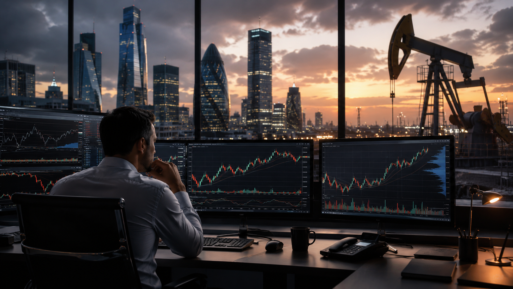 Trader watches market charts in a financial office as an oil pumpjack stands outside near a city skyline at sunset.