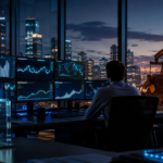 A financial analyst watches abstract market charts in a modern trading office with a glowing AI chip display, server lights, city skyline and oil pump jack outside.