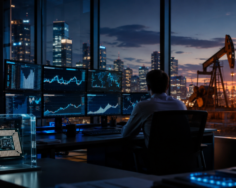 A financial analyst watches abstract market charts in a modern trading office with a glowing AI chip display, server lights, city skyline and oil pump jack outside.