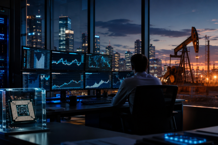 A financial analyst watches abstract market charts in a modern trading office with a glowing AI chip display, server lights, city skyline and oil pump jack outside.