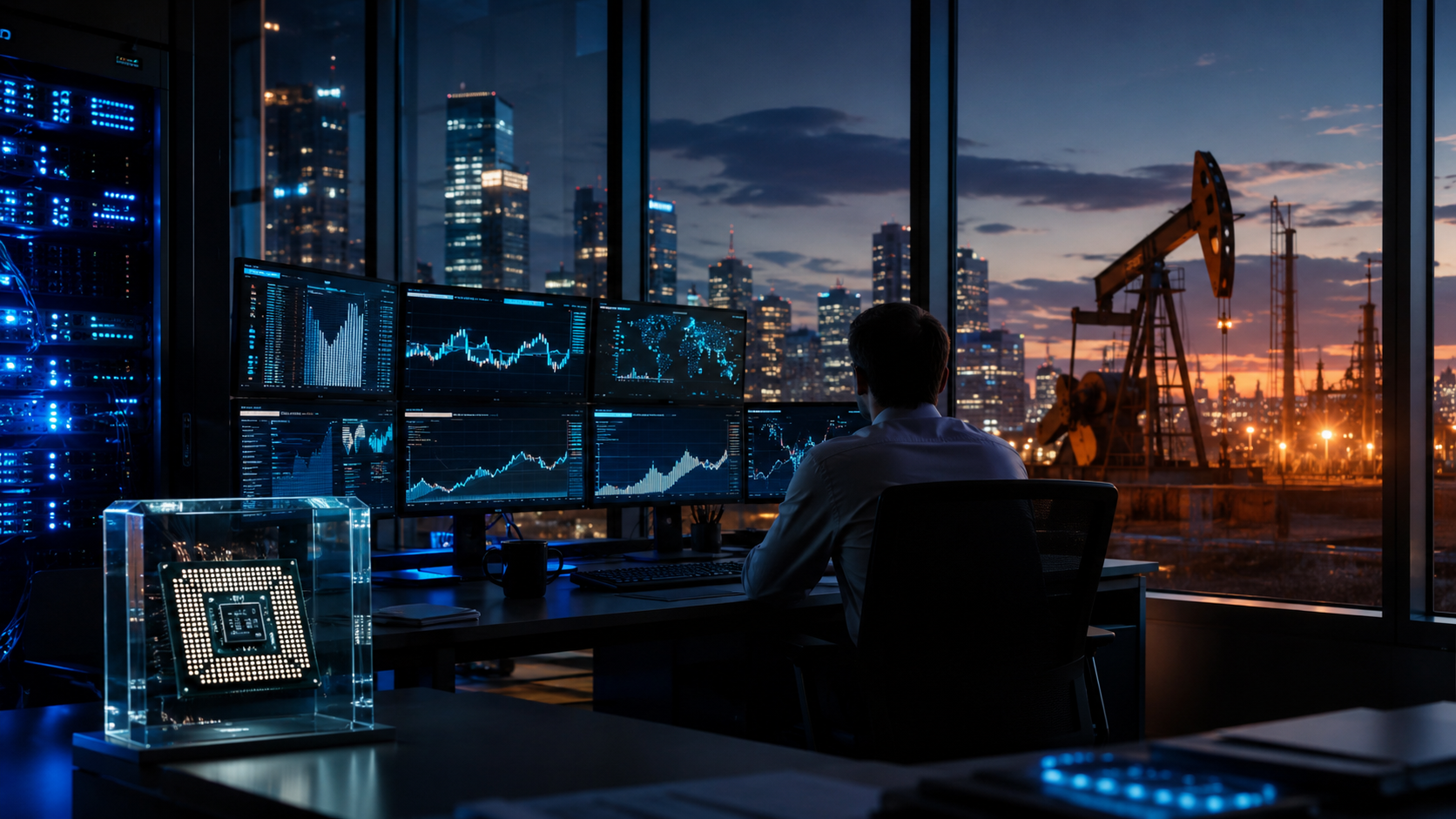 A financial analyst watches abstract market charts in a modern trading office with a glowing AI chip display, server lights, city skyline and oil pump jack outside.