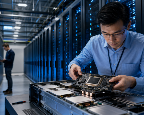 Technician inspecting an advanced AI computing board inside a modern data center lined with illuminated server racks.