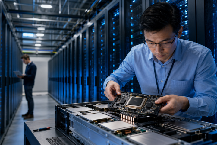 Technician inspecting an advanced AI computing board inside a modern data center lined with illuminated server racks.