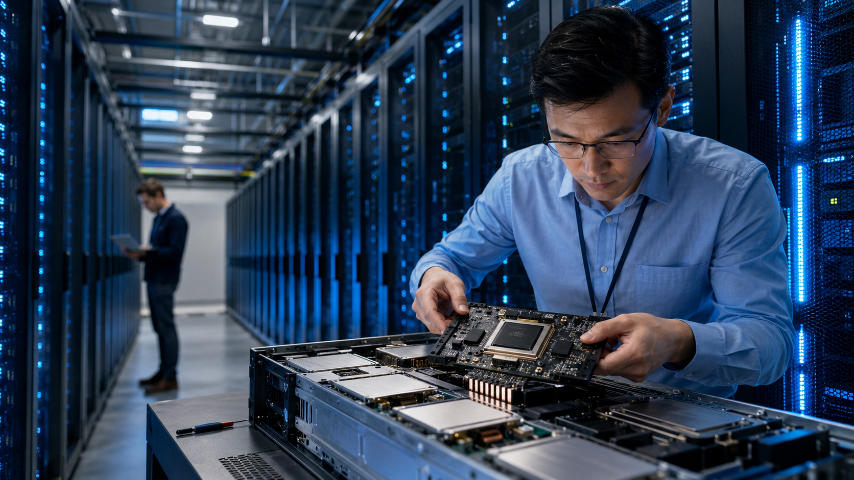 Technician inspecting an advanced AI computing board inside a modern data center lined with illuminated server racks.