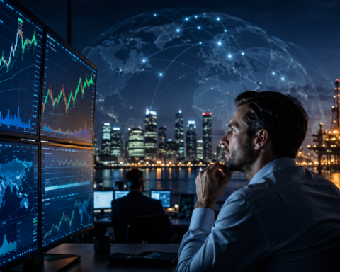 A financial analyst studies market charts in a trading room overlooking a city skyline and illuminated oil platform at night.