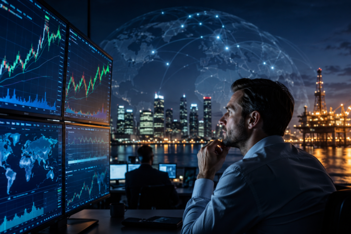 A financial analyst studies market charts in a trading room overlooking a city skyline and illuminated oil platform at night.