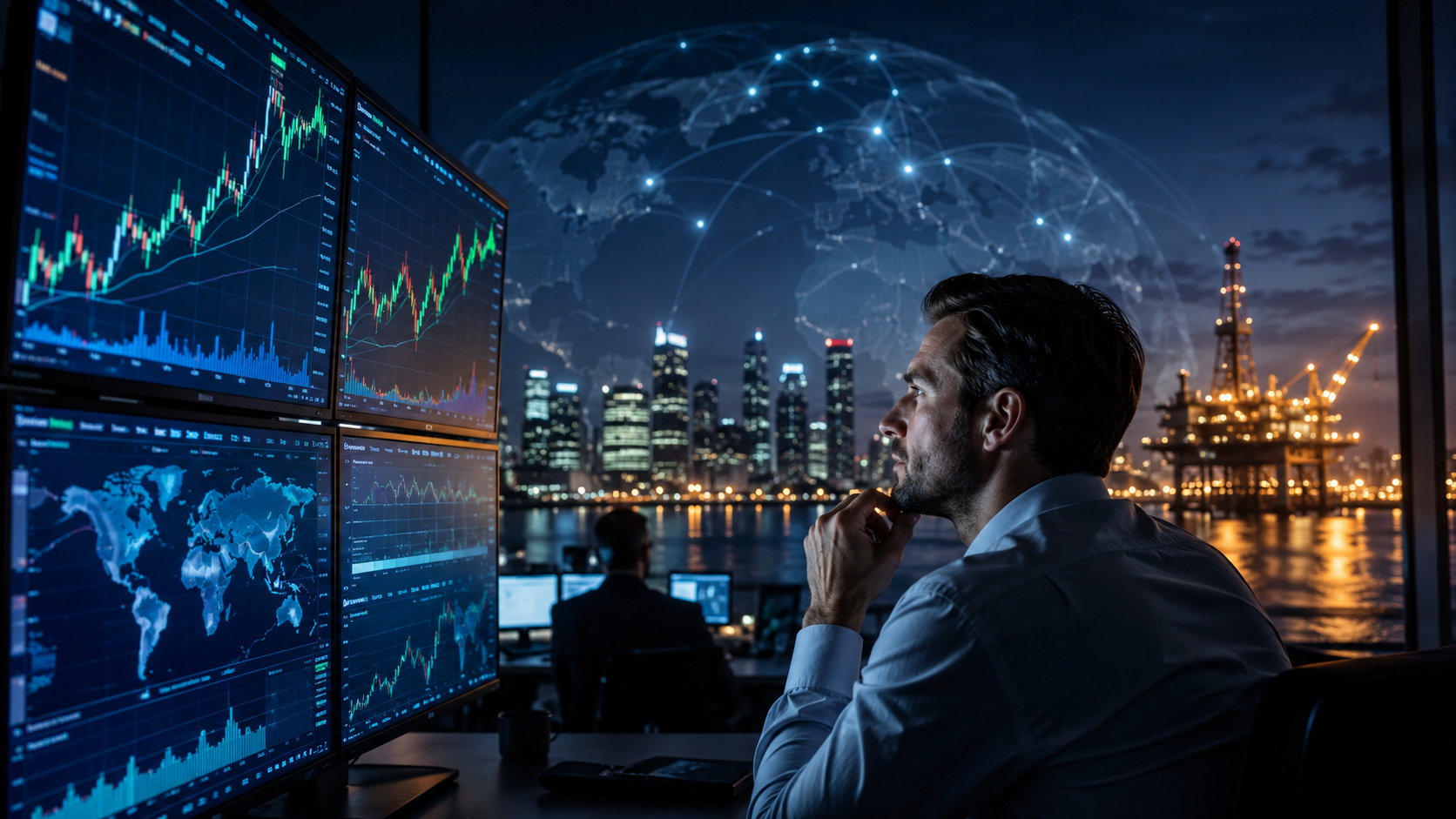 A financial analyst studies market charts in a trading room overlooking a city skyline and illuminated oil platform at night.