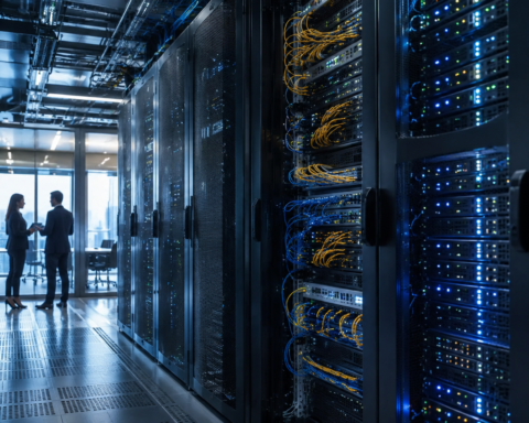 Business professionals speak beside illuminated server racks and fiber-optic networking equipment in a modern data center.