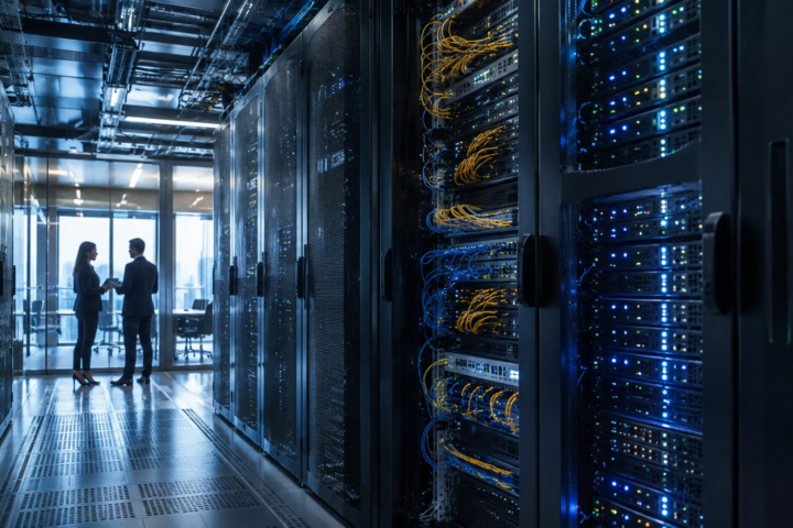 Business professionals speak beside illuminated server racks and fiber-optic networking equipment in a modern data center.