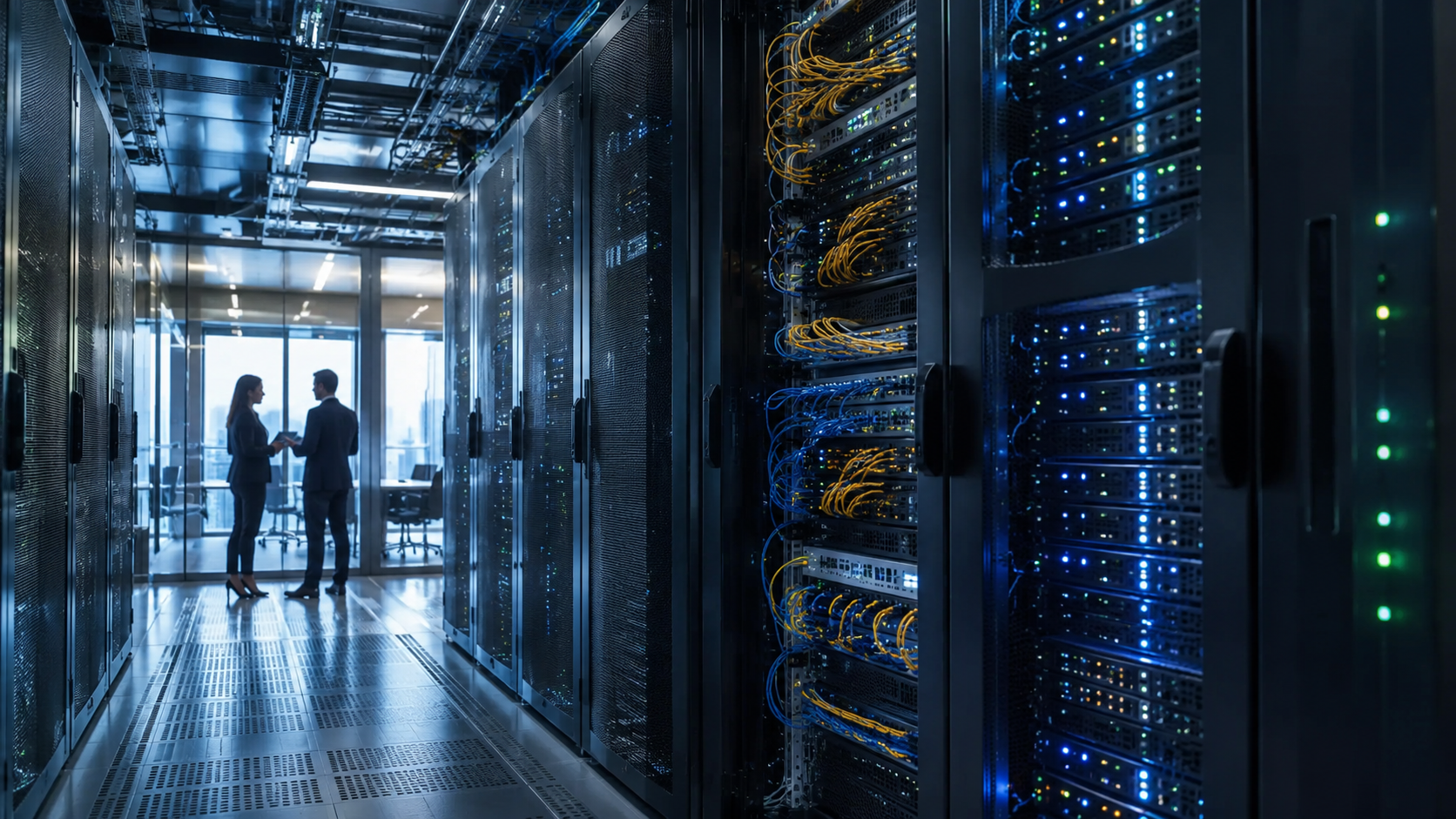 Business professionals speak beside illuminated server racks and fiber-optic networking equipment in a modern data center.