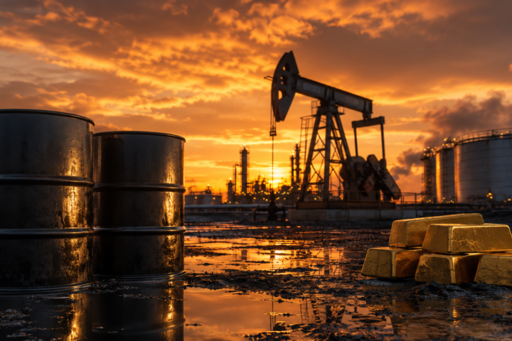 Oil barrels, a pumpjack and gold bars at sunset, symbolizing rising energy prices and broader commodity market pressure.