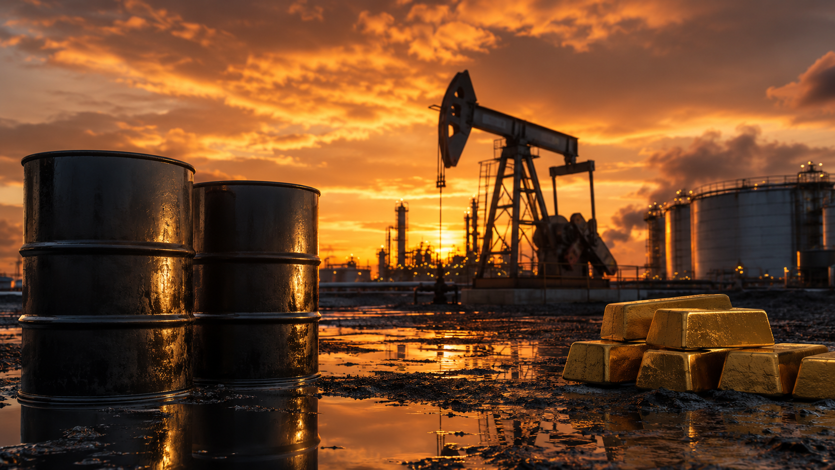 Oil barrels, a pumpjack and gold bars at sunset, symbolizing rising energy prices and broader commodity market pressure.