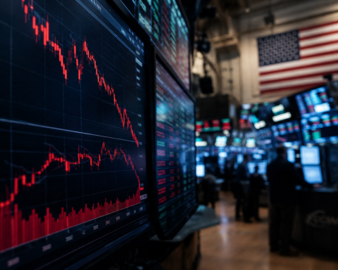 Close-up of red downward stock charts on trading floor monitors with blurred traders and an American flag in the background.