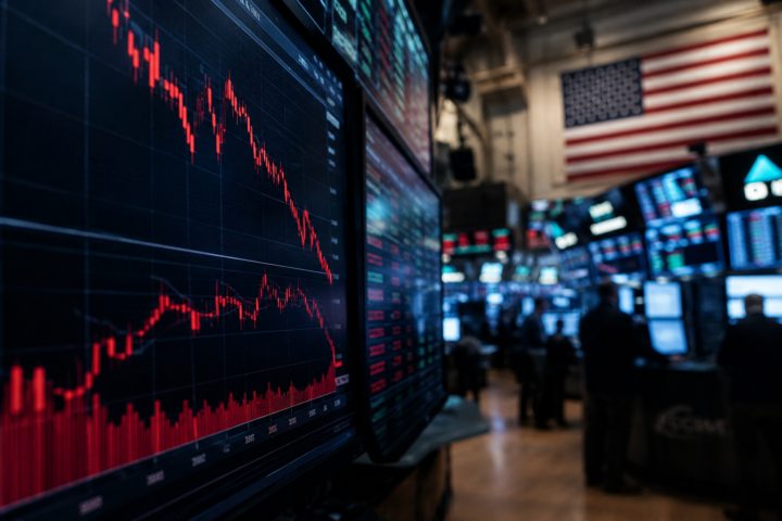 Close-up of red downward stock charts on trading floor monitors with blurred traders and an American flag in the background.
