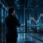 A businessperson stands in a blue-lit AI data center, looking toward abstract market chart reflections on glass beside rows of servers.