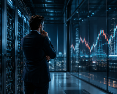 A businessperson stands in a blue-lit AI data center, looking toward abstract market chart reflections on glass beside rows of servers.